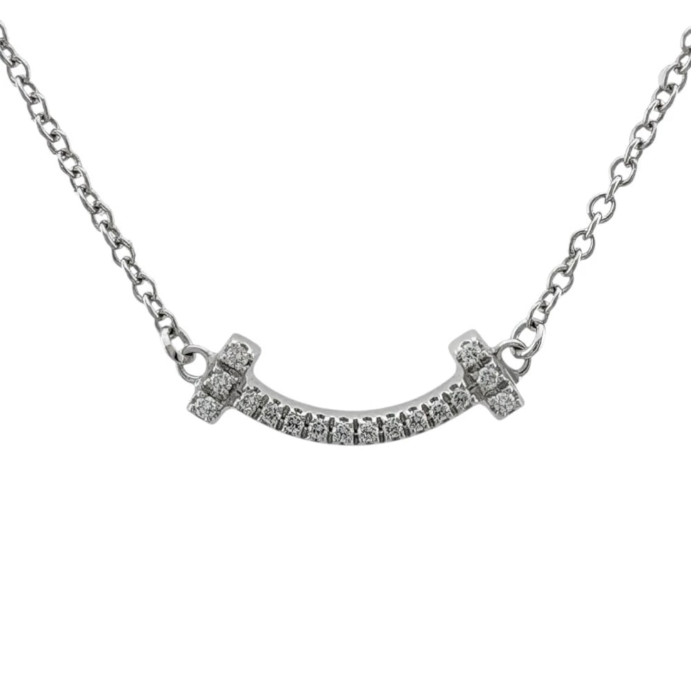 TIFFANY&CO. NECKLACE K18 WHITE GOLD DIAMOND T SMILE: TIFFANY&Co. Necklace K18 white gold diamond T Smile Brand: Tiffany&co. Type: Necklace Material: K18 white gold Main Stone/Creation Natural Color: Silver Size: Size(CM) Total Length:46cm Chain widt