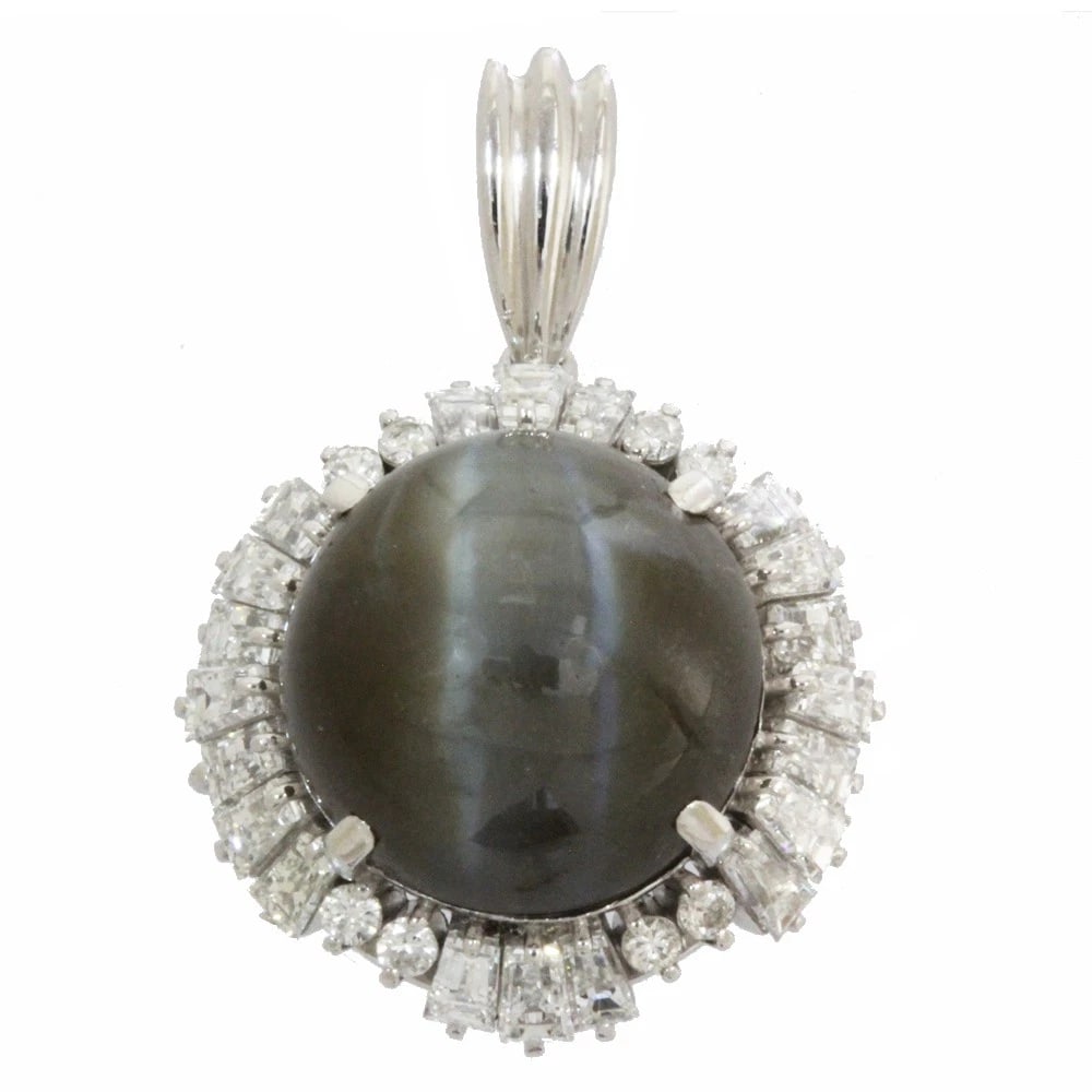 PENDANT TOP PT900PLATINUM DIAMOND: Pendant top Pt900Platinum diamond Brand: Unbranded Type: Pendant top Material: Pt900Platinum Main Stone/Creation Cats eye Color: Silver Size: Size(CM) Top:W22.5mm x H31.0mm Clasp:W3.5mm x