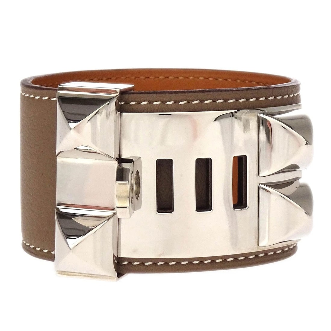 HERMES ETOUPE GRAY SWIFT COLLIER DE CHIEN BANGLE: Hermes Etoupe Gray Swift Collier De Chien Bangle Brand: Hermes Type: Bracelet Material: Swift Leather Silver Plated Color: Etoupe Gray, Silver Size: Inner circumference : 16.0 - 19.0 cm Width