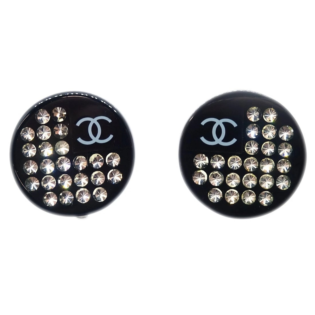 CHANEL BUTTON EARRINGS CLIP-ON RHINESTONE: Chanel Button Earrings Clip-On Rhinestone Brand: CHANEL Type: Earrings Material: Silver Plated Acrylic Rhinestone Color: Black, Silver Size: Diameter : 1.5 cm Accessories: None Accessories