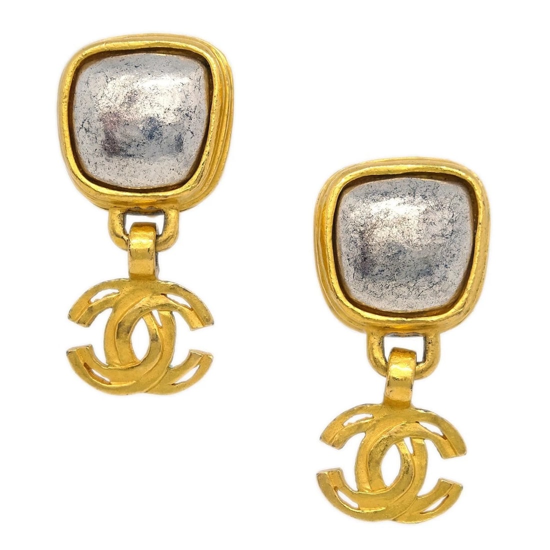 CHANEL DANGLE EARRINGS CLIP-ON GOLD SILVER: Chanel Dangle Earrings Clip-On Gold Silver Brand: CHANEL Type: Earrings Material: Gold plated Color: Gold Size: W 1.7 x H 3.6 cm Accessories: None Accessories Notice: When purchasing