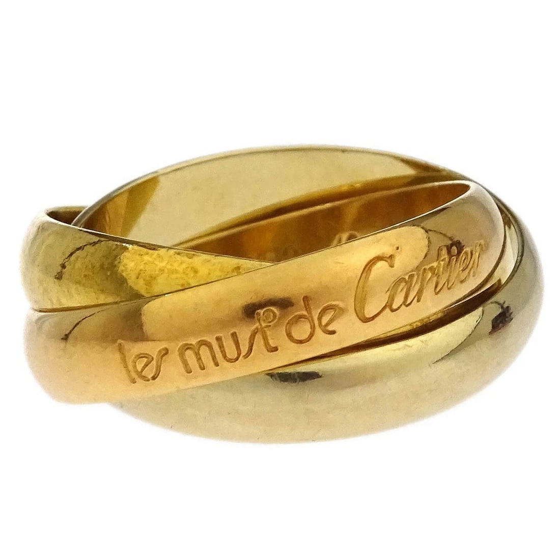 CARTIER TRINITY RING AU750: Cartier Trinity Ring Au750 Brand: Cartier Type: Ring Material: Au750 Color: Gold Size: 4.75 - 5 US Accessories: None Accessories Notice: When purchasing pre-owned goods, please refer to th