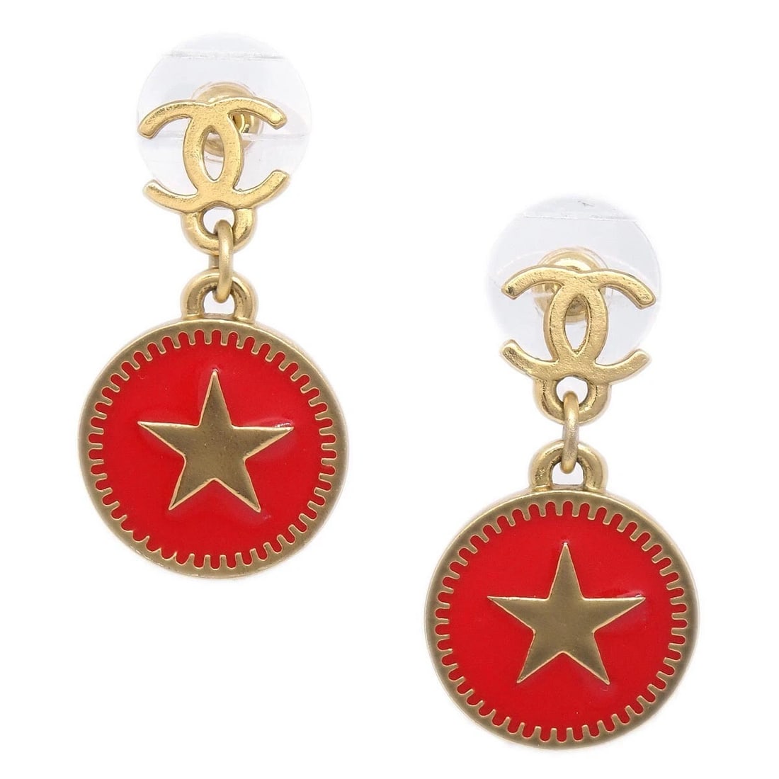 CHANEL BUTTON STAR DANGLE PIERCED EARRINGS: Chanel Button Star Dangle Pierced Earrings Brand: Chanel Type: Earrings Material: Gold-plated Color: Gold, Red Size: W 1.8 x H 3.2 cm Accessories: None Accessories Notice: When purchasing