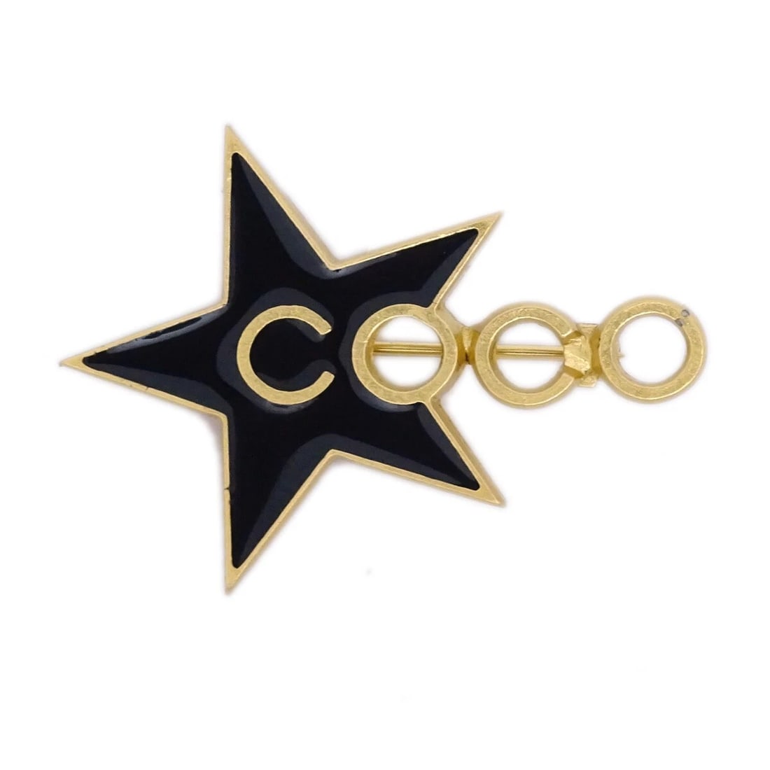 CHANEL STAR COCO BROOCH PIN: Chanel Star COCO Brooch Pin Brand: CHANEL Type: Brooch Material: Gold plated Color: Black Size: W 4.0 x H 3.0 cm Accessories: None Accessories Notice: When purchasing pre-owned goods, please