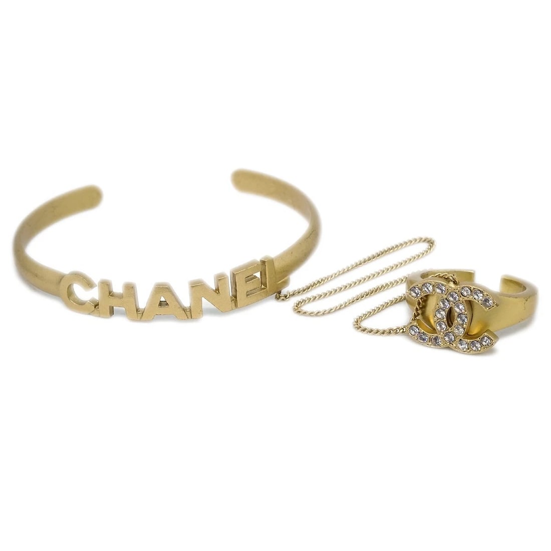CHANEL CC RHINESTONE BANGLE CHAIN RING: Chanel CC Rhinestone Bangle Chain Ring Brand: CHANEL Type: Bracelet Material: Gold-plated Rhinestone Color: Gold Size: Bangle/ Inner circumference : 15.0 cm Ring/Inner circumference : 52.36mm Acc