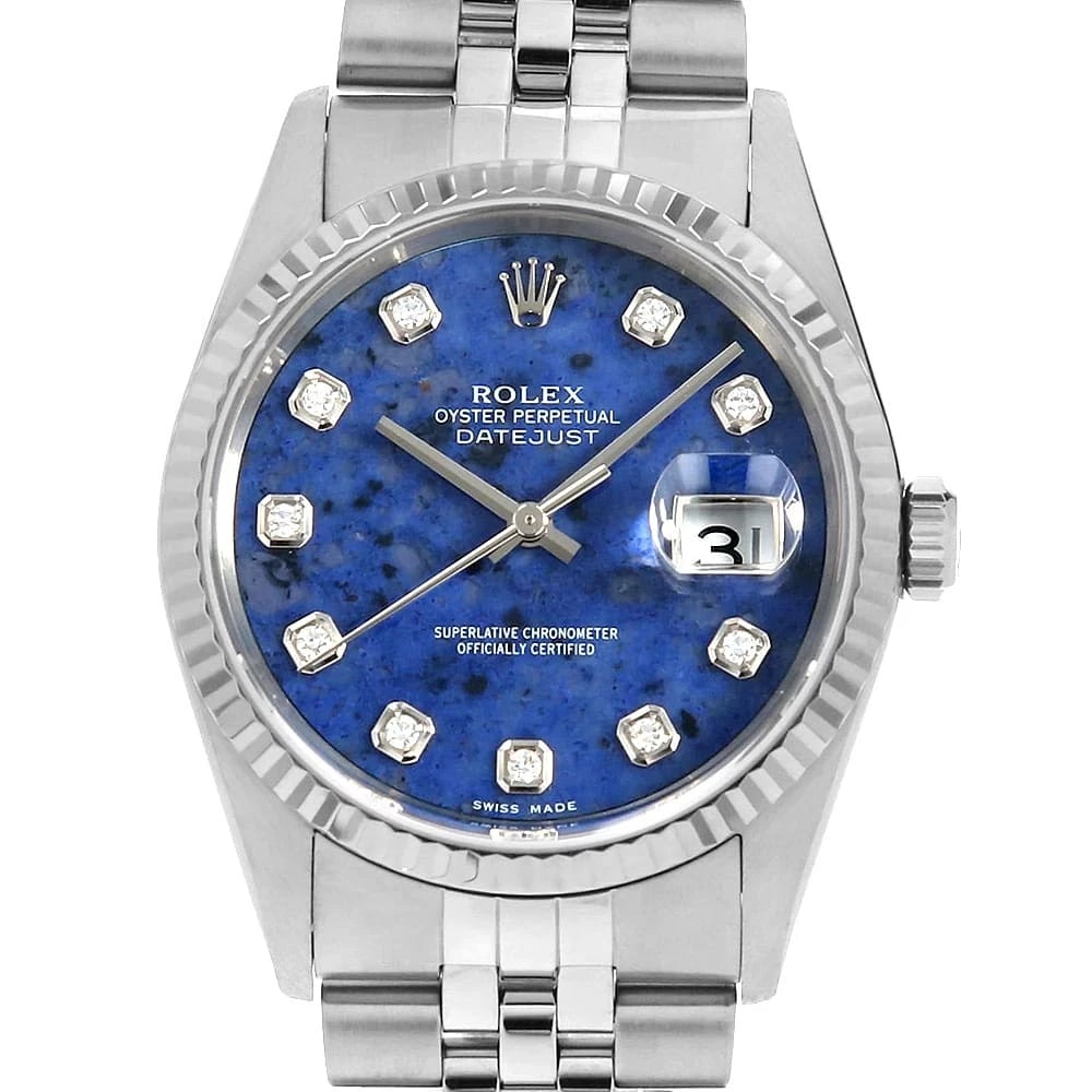 ROLEX DATEJUST DIAMOND BLUE WATCH: ROLEX Datejust Diamond blue Watch Brand: ROLEX Type: Wrist watch Material: Band Material Stainless Steel, Case Material Stainless Steel/White gold Color: Dial Color Blue Size: Band Size 20.5cm