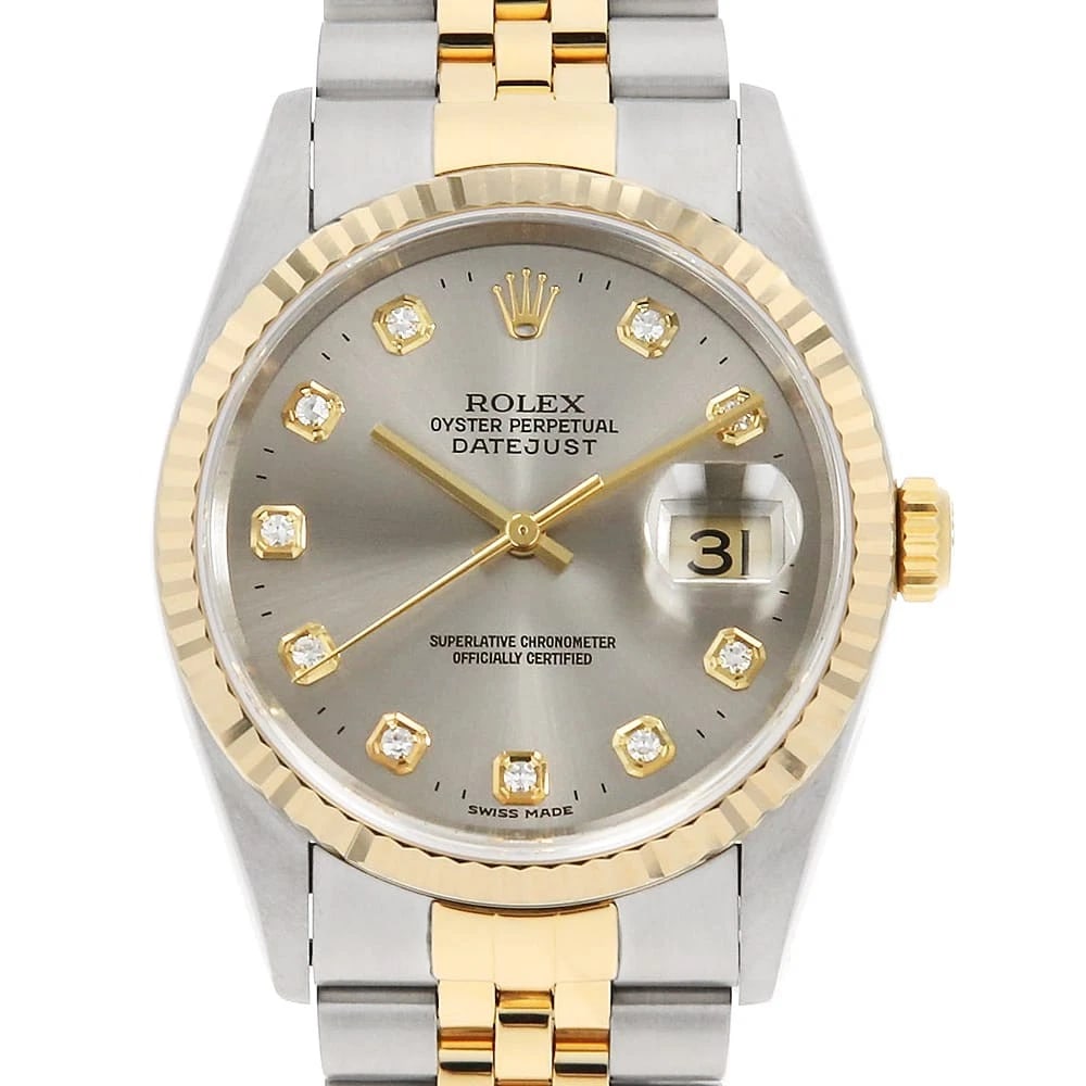 ROLEX DATEJUST DIAMOND GRAY WATCH: ROLEX Datejust Diamond gray Watch Brand: ROLEX Type: Wrist watch Material: Band Material Stainless Steel/Yellow Gold, Case Material Stainless Steel/Yellow Gold Color: Dial Color Gray Size: