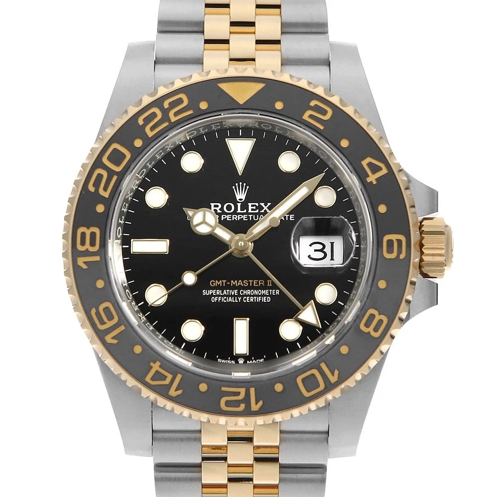 ROLEX GMT MASTER BLACK WATCH: ROLEX GMT Master black Watch Brand: ROLEX Type: Wrist watch Material: Band Material Stainless Steel/Yellow Gold, Case Material Stainless Steel/Yellow Gold Color: Dial Color Black Size: Band
