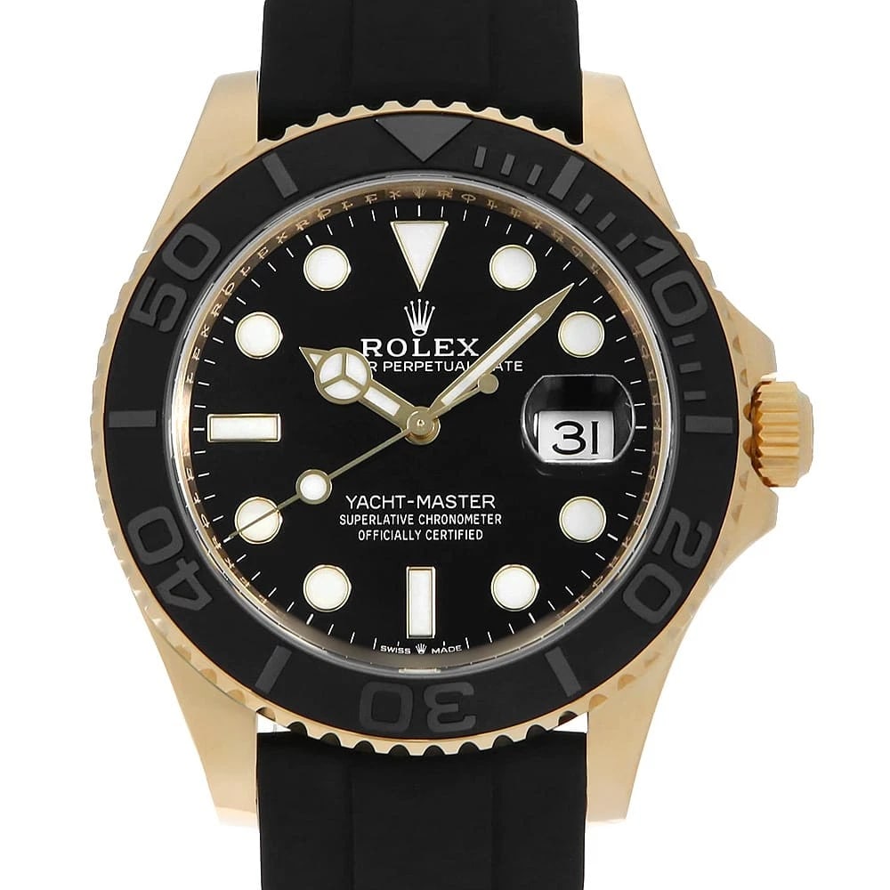 ROLEX YACHT MASTER BLACK WATCH: ROLEX Yacht Master black Watch Brand: ROLEX Type: Wrist watch Material: Band Material rubber, Case Material Yellow Gold Color: Dial Color Black Size: Band Size 18.5cm (7.3inch), Case Size