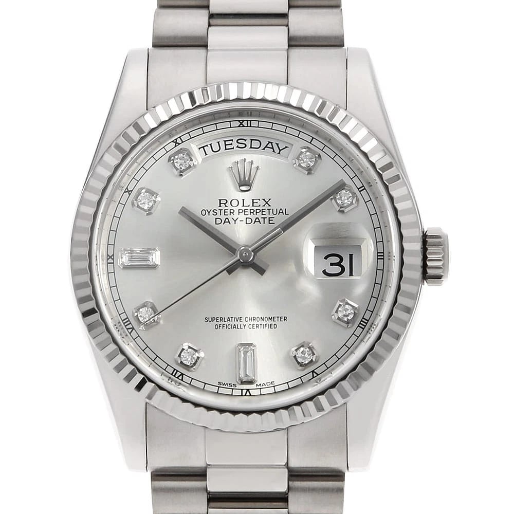 ROLEX DAY DATE DIAMOND BAGUETTE SILVER SECOND WATCH: ROLEX Day Date Diamond Baguette Silver second Watch Brand: ROLEX Type: Wrist watch Material: Band Material White Gold, Case Material White Gold Color: Dial Color Silver Size: Band Size 18.5cm (7.3