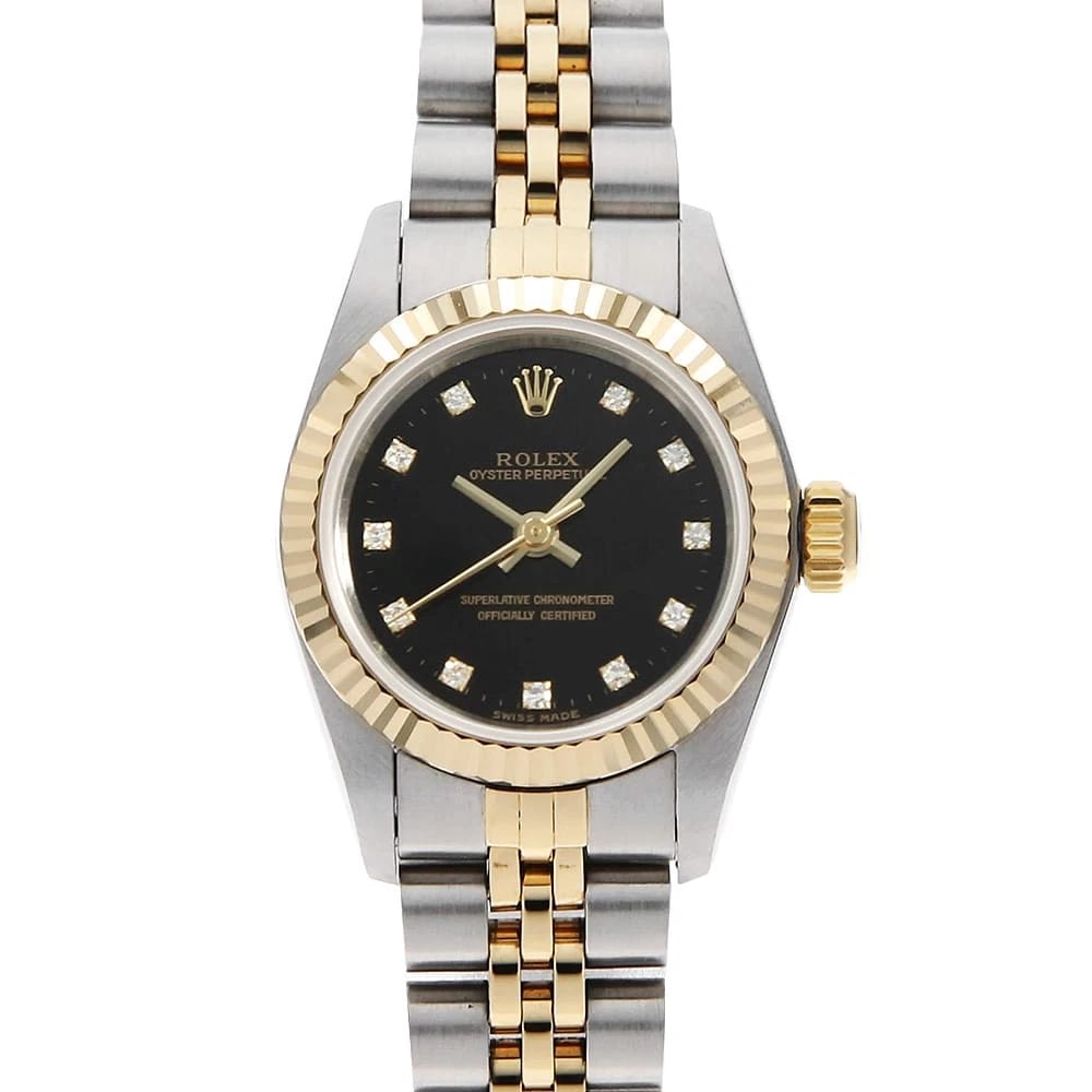ROLEX OYSTER PERPETUAL DIAMOND BLACK ROW JUBILEE BRACELET WATCH: ROLEX Oyster Perpetual Diamond black row jubilee bracelet Watch Brand: ROLEX Type: Wrist watch Material: Band Material Stainless Steel/Yellow Gold, Case Material Stainless Steel/Yellow Gold 