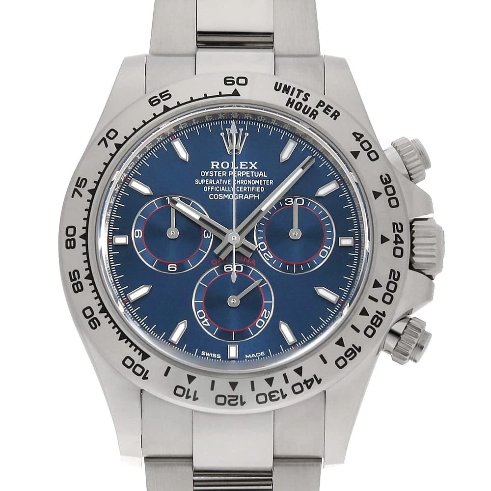 ROLEX COSMOGRAPH DAYTONA BRIGHT BLUE WATCH: ROLEX Cosmograph Daytona Bright blue Watch Brand: ROLEX Type: Wrist watch Material: Band Material White Gold, Case Material White Gold Color: Dial Color Bright blue Size: Band Size 19cm