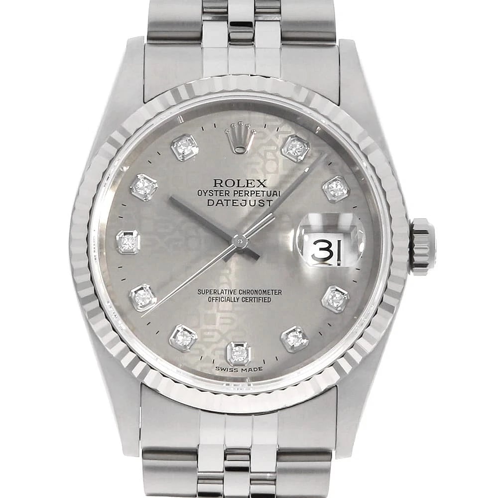 ROLEX DATEJUST DIAMOND GRAY PRINT WATCH: ROLEX Datejust Diamond gray Print Watch Brand: ROLEX Type: Wrist watch Material: Band Material Stainless Steel, Case Material Stainless Steel/White gold Color: Dial Color Gray Size: Band Size