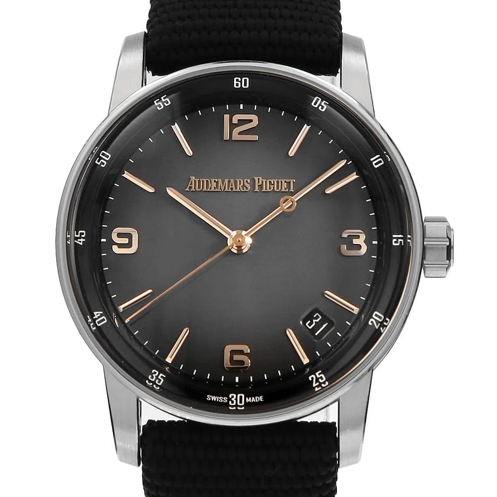 AUDEMARS PIGUET WATCH: AUDEMARS PIGUET Watch Brand: AUDEMARS PIGUET Type: Wrist watch Material: Band Material rubber, Case Material Pink Gold Color: Dial Color Gray Size: Band Size 18cm (7.1inch), Case Size