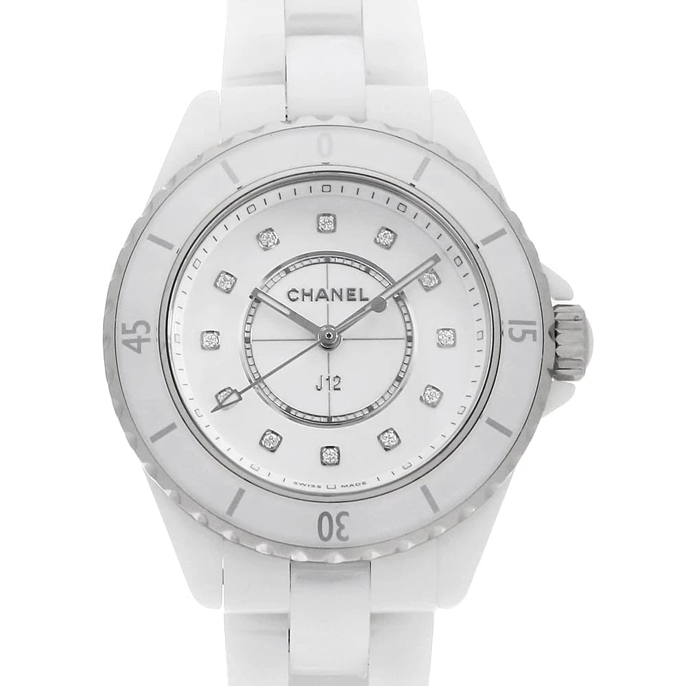 CHANEL J12 WHITE CERAMIC DIAMOND WATCH: CHANEL J12 White Ceramic Diamond Watch Brand: CHANEL Type: Wrist watch Material: Band Material Ceramic, Case Material Ceramic Color: Dial Color White Size: Band Size 17cm (6.7inch), Case Size