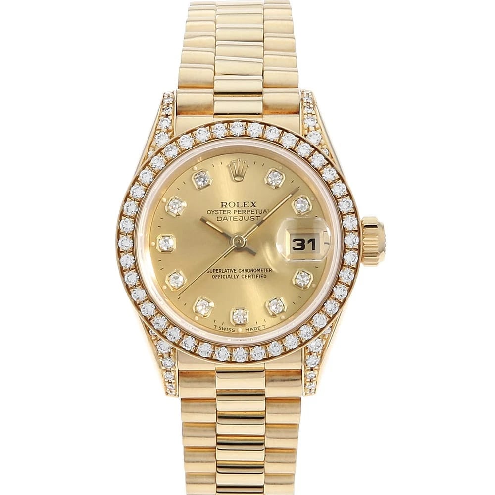 ROLEX DATEJUST BEZEL DIAMOND CHAMPAGNE WATCH: ROLEX Datejust bezel diamond Champagne Watch Brand: ROLEX Type: Wrist watch Material: Band Material Yellow Gold, Case Material Yellow Gold Color: Dial Color Champagne Gold Size: Band Size