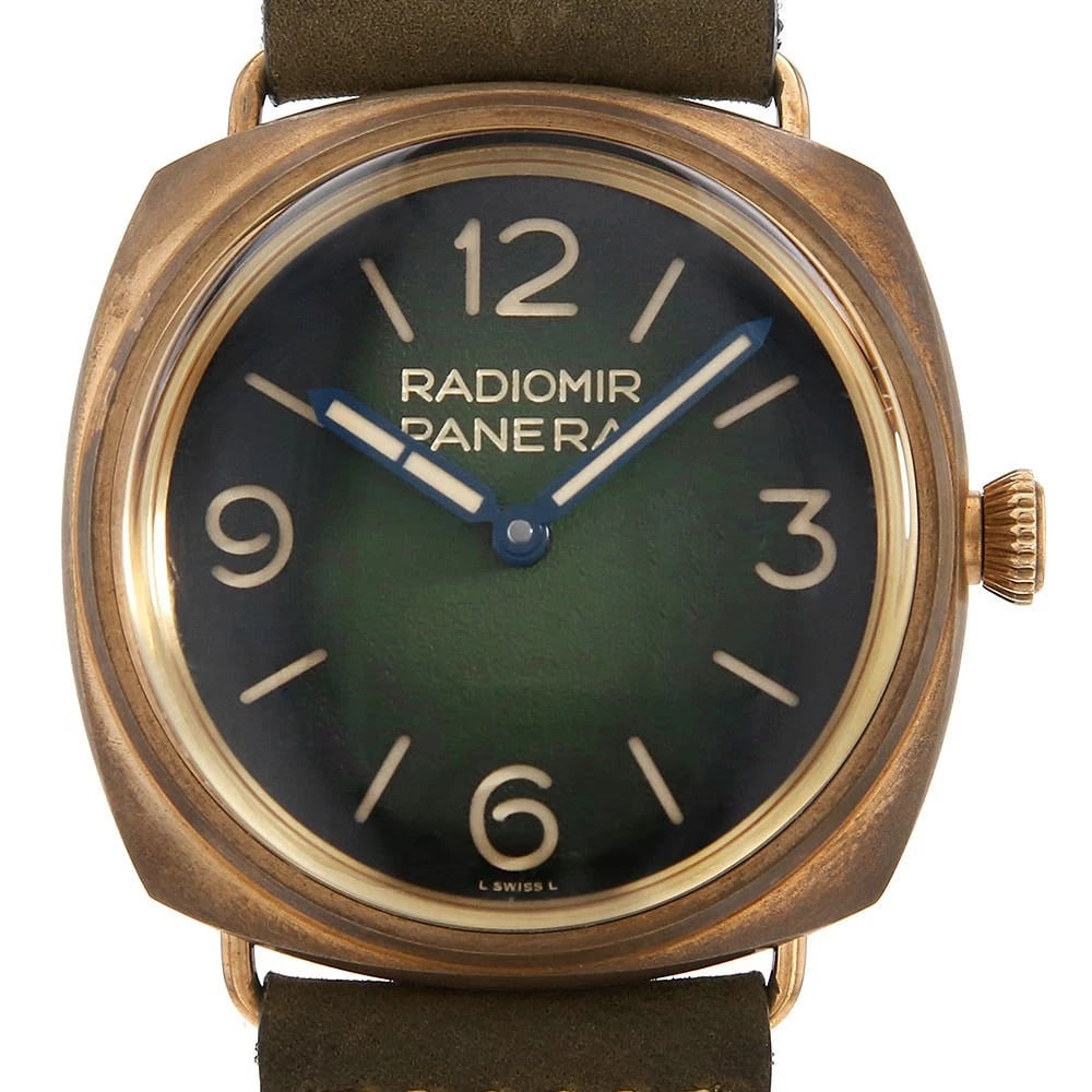 PANERAI RADIOMIR BRONZO WATCH: PANERAI Radiomir Bronzo Watch Brand: PANERAI Type: Wrist watch Material: Band Material Calfskin, Case Material Bronze Color: Dial Color Green Size: Band Size NONE, Case Size Case:W47mm 