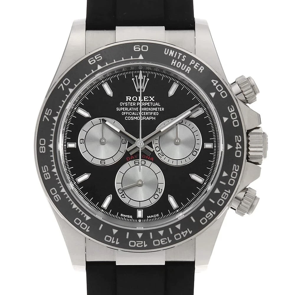 ROLEX COSMOGRAPH DAYTONA BLACK STEEL WATCH: ROLEX Cosmograph Daytona black Steel Watch Brand: ROLEX Type: Wrist watch Material: Band Material rubber, Case Material White Gold Color: Dial Color Black Size: Band Size 17.5cm (6.9inch),
