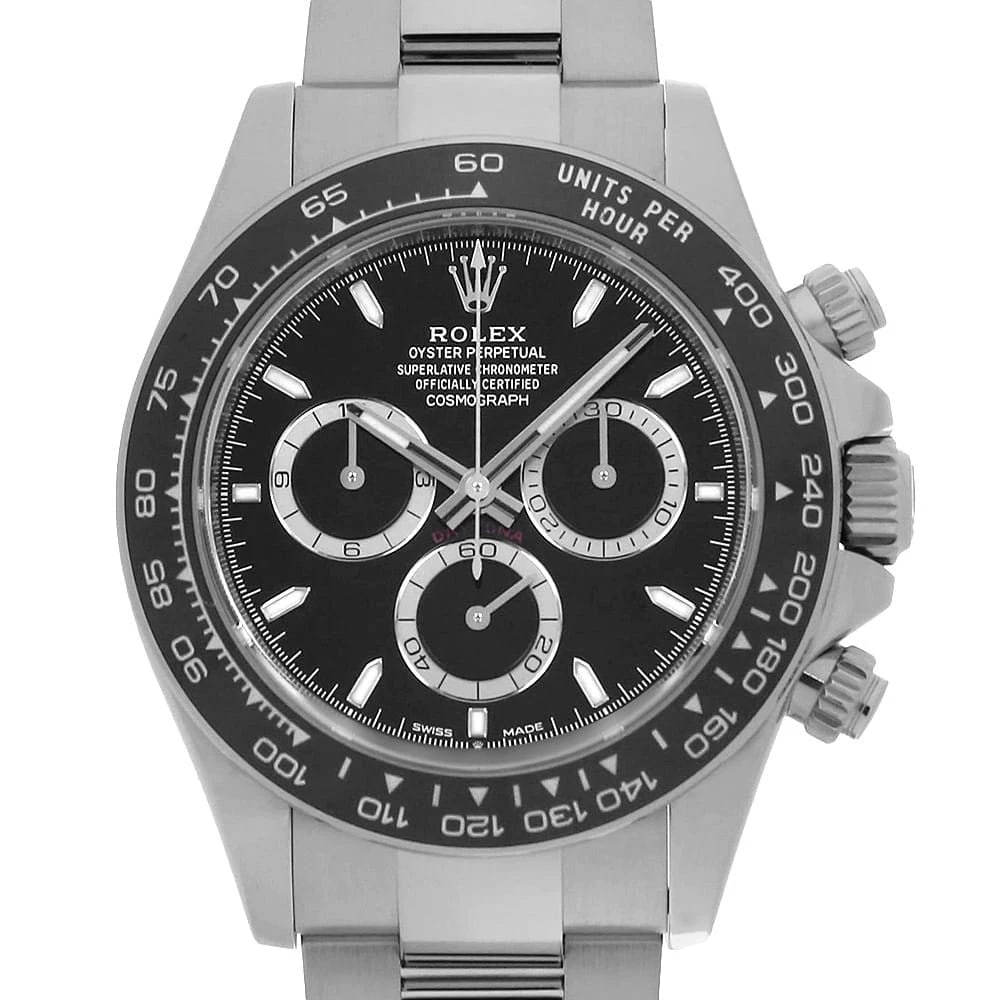 ROLEX COSMOGRAPH DAYTONA BLACK WATCH: ROLEX Cosmograph Daytona black Watch Brand: ROLEX Type: Wrist watch Material: Band Material Stainless Steel, Case Material Stainless Steel Color: Dial Color Black Size: Band Size 19cm