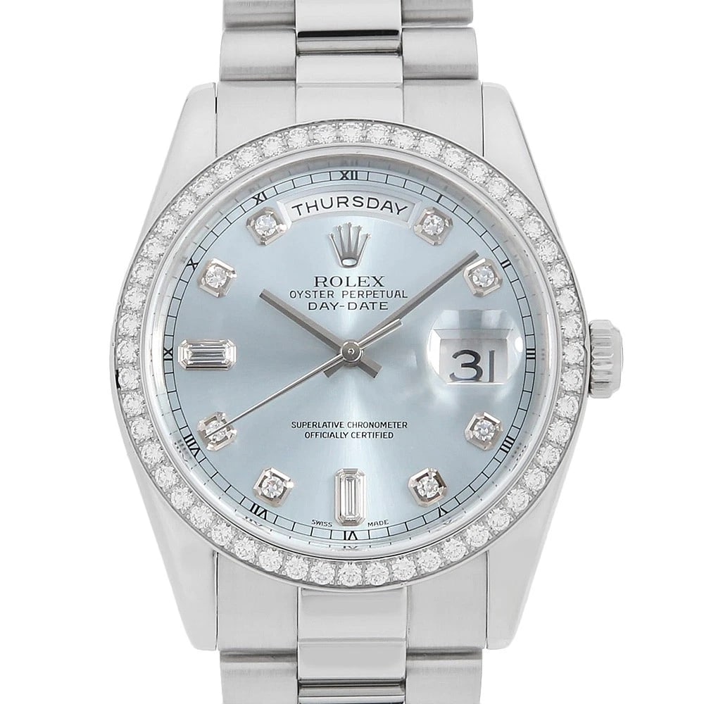 ROLEX DAY DATE BEZEL DIAMOND BAGUETTE ICE BLUE WATCH: ROLEX Day Date Bezel Diamond Baguette Ice blue Watch Brand: ROLEX Type: Wrist watch Material: Band Material Platinum, Case Material Platinum Color: Dial Color Ice Blue Size: Band Size 18cm (7.1inc