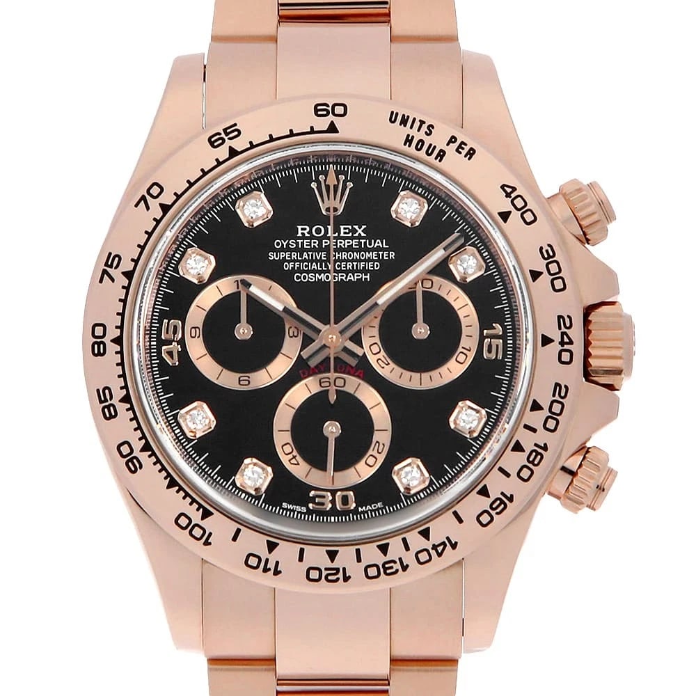 ROLEX COSMOGRAPH DAYTONA DIAMOND BLACK WATCH: ROLEX Cosmograph Daytona diamond black Watch Brand: ROLEX Type: Wrist watch Material: Band Material Everose Gold, Case Material Everose Gold Color: Dial Color Black Size: Band Size 19.5cm