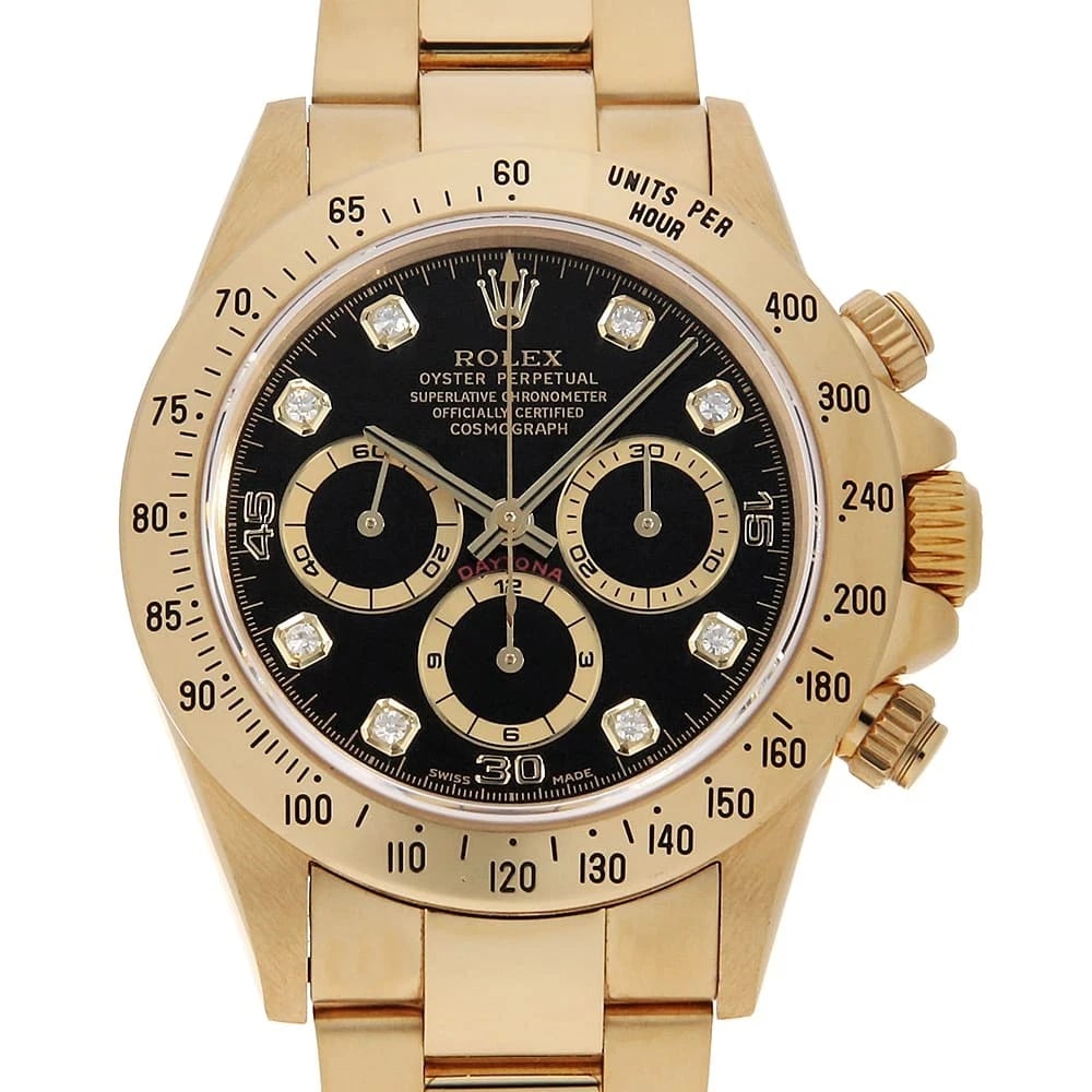 ROLEX COSMOGRAPH DAYTONA DIAMOND BLACK WATCH: ROLEX Cosmograph Daytona diamond black Watch Brand: ROLEX Type: Wrist watch Material: Band Material Yellow Gold, Case Material Yellow Gold Color: Dial Color Black Size: Band Size 17.5cm