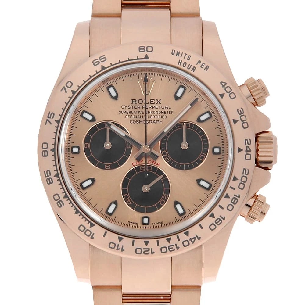ROLEX COSMOGRAPH DAYTONA PINK BLACK WATCH: ROLEX Cosmograph Daytona Pink Black Watch Brand: ROLEX Type: Wrist watch Material: Band Material Everose Gold, Case Material Everose Gold Color: Dial Color Pink and Black Size: Band Size