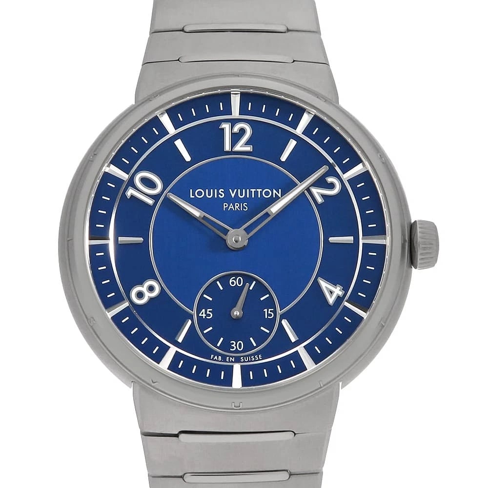 LOUIS VUITTON TAMBOUR WATCH: LOUIS VUITTON Tambour Watch Brand: LOUIS VUITTON Type: Wrist watch Material: Band Material Stainless Steel, Case Material Stainless Steel Color: Dial Color Blue Size: Band Size 18.5cm