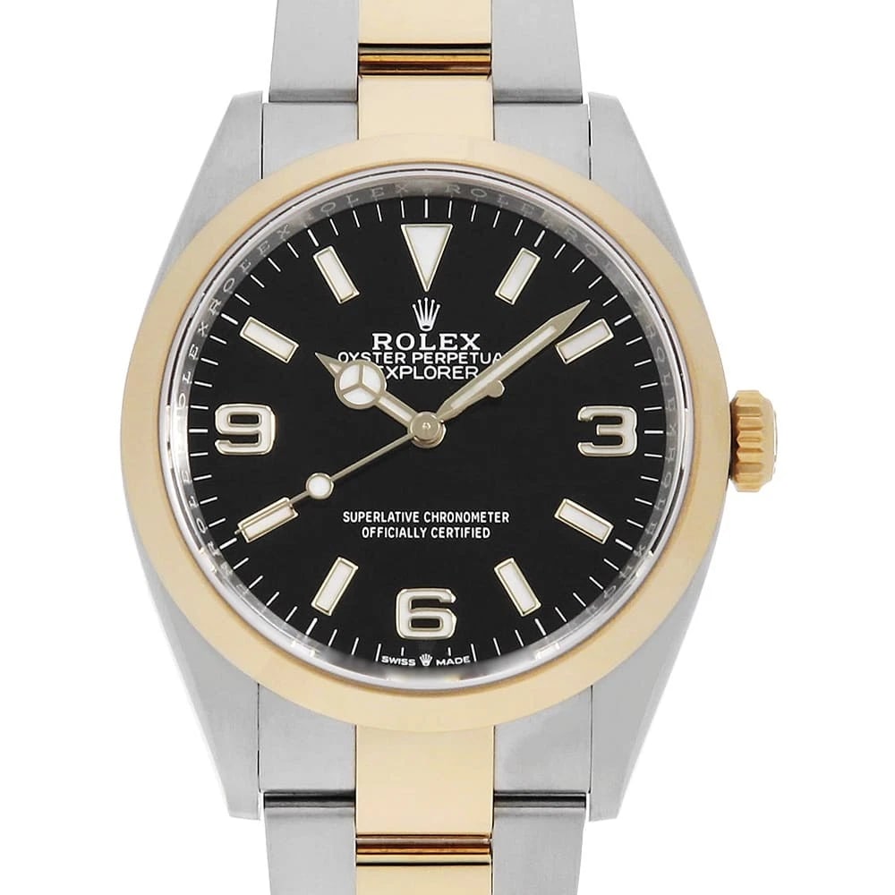 ROLEX EXPLORER BLACK WATCH: ROLEX Explorer black Watch Brand: ROLEX Type: Wrist watch Material: Band Material Stainless Steel/Yellow Gold, Case Material Stainless Steel/Yellow Gold Color: Dial Color Black Size: Band Size 18.