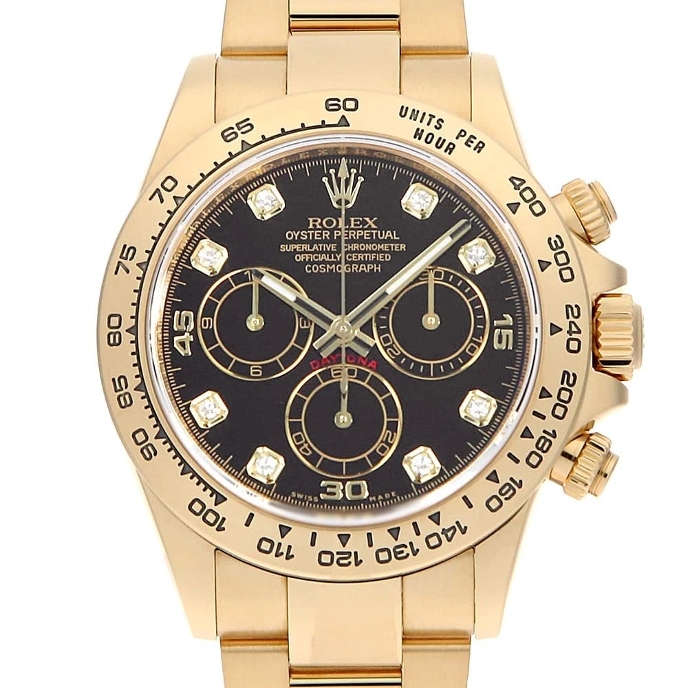 ROLEX COSMOGRAPH DAYTONA DIAMOND BLACK WATCH: ROLEX Cosmograph Daytona diamond black Watch Brand: ROLEX Type: Wrist watch Material: Band Material Yellow Gold, Case Material Yellow Gold Color: Dial Color Black Size: Band Size 18cm