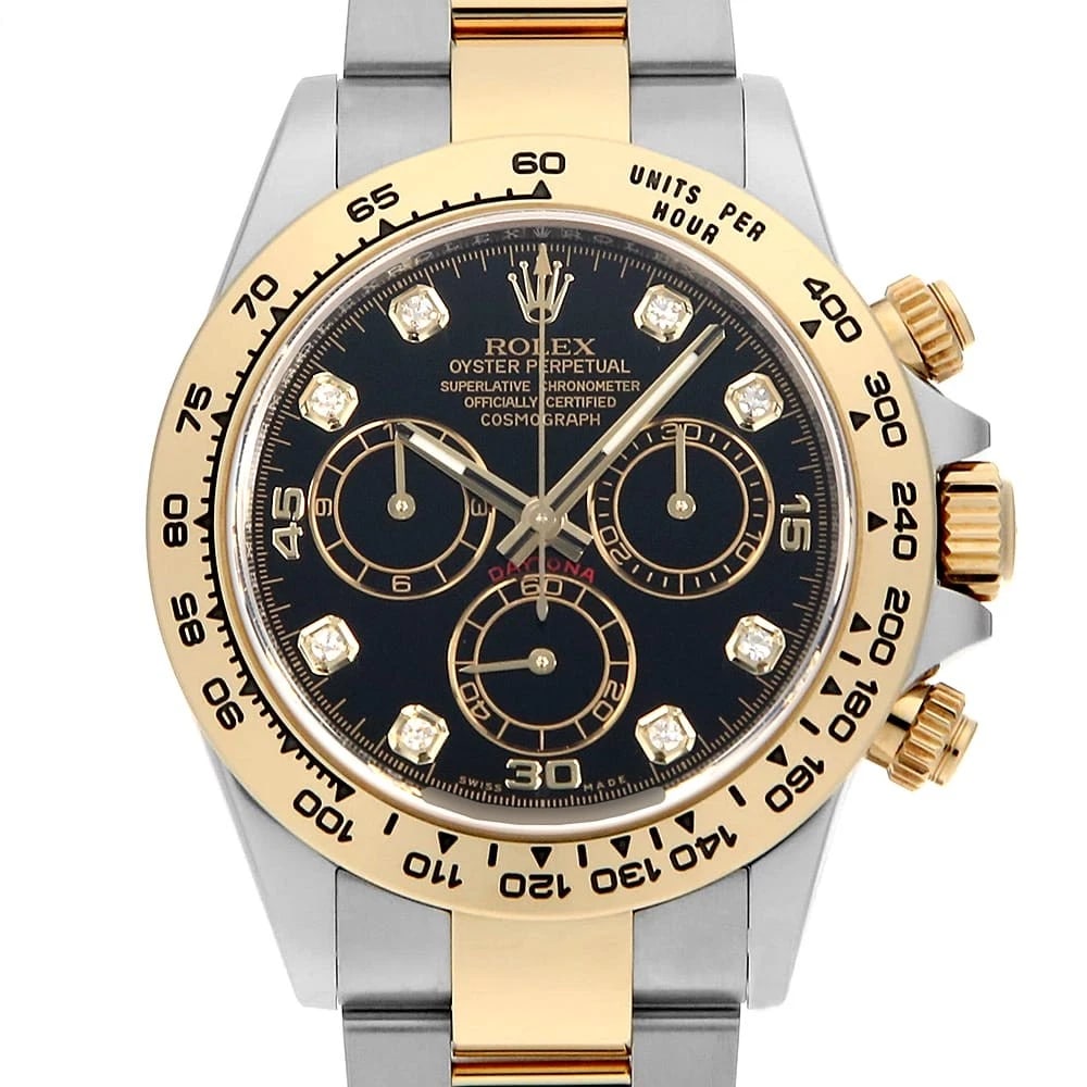 ROLEX COSMOGRAPH DAYTONA DIAMOND BLACK WATCH: ROLEX Cosmograph Daytona diamond black Watch Brand: ROLEX Type: Wrist watch Material: Band Material Stainless Steel/Yellow Gold, Case Material Stainless Steel/Yellow Gold Color: Dial Color Black S