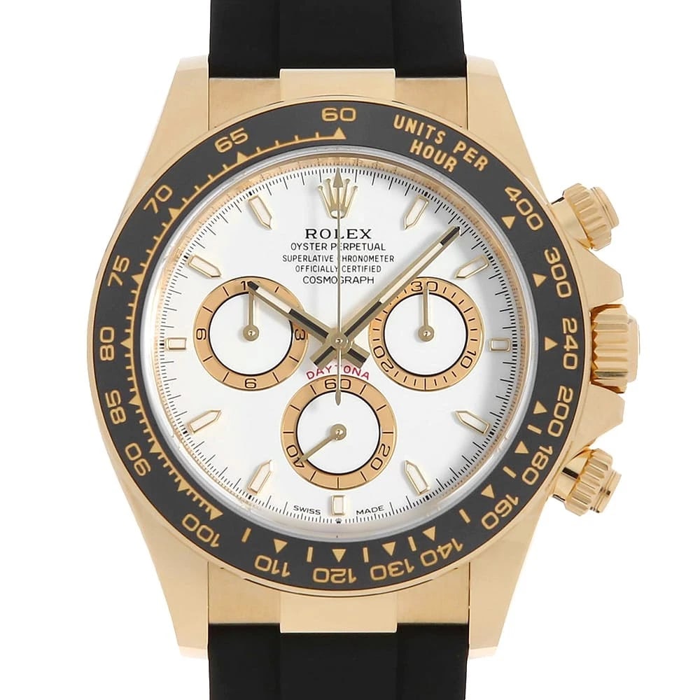 ROLEX COSMOGRAPH DAYTONA WHITE WATCH: ROLEX Cosmograph Daytona white Watch Brand: ROLEX Type: Wrist watch Material: Band Material rubber, Case Material Yellow Gold Color: Dial Color White Size: Band Size 18cm (7.1inch), Case Size Case