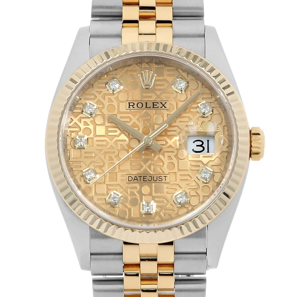 ROLEX DATEJUST 36 10P DIAMOND CHAMPAGNE WATCH: ROLEX Datejust 36 10P diamond Champagne Watch Brand: ROLEX Type: Wrist watch Material: Band Material Stainless Steel/Yellow Gold, Case Material Stainless Steel/Yellow Gold Color: Dial Color Champag