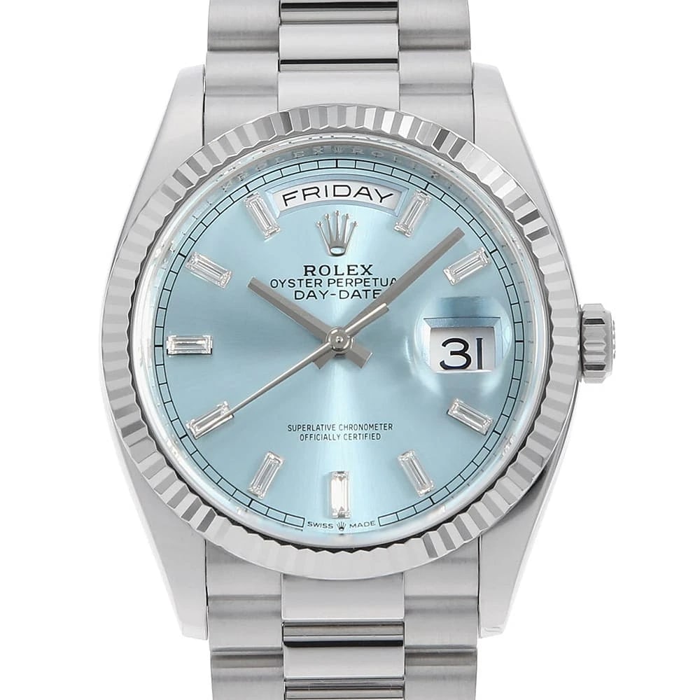 ROLEX DAY-DATE 36 10P BAGUETTE DIAMOND WATCH: ROLEX Day-Date 36 10P Baguette Diamond Watch Brand: ROLEX Type: Wrist watch Material: Band Material Platinum, Case Material Platinum Color: Dial Color Ice Blue Size: Band Size 18.5cm (7.3inch), Ca