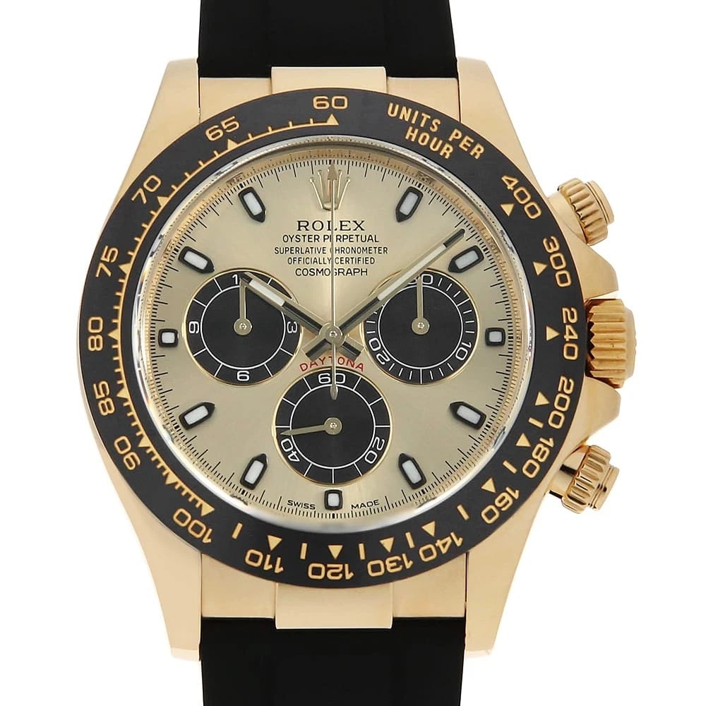 ROLEX COSMOGRAPH DAYTONA CHAMPAGNE X BLACK WATCH: ROLEX Cosmograph Daytona Champagne x black Watch Brand: ROLEX Type: Wrist watch Material: Band Material rubber, Case Material Yellow Gold(K18) Color: Dial Color Champagne and Black Size: Band