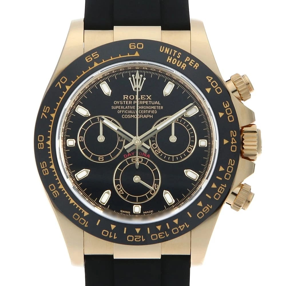 ROLEX COSMOGRAPH DAYTONA BLACK WATCH: ROLEX Cosmograph Daytona black Watch Brand: ROLEX Type: Wrist watch Material: Band Material rubber, Case Material Yellow Gold Color: Dial Color Black Size: Band Size 18cm (7.1inch), Case Size