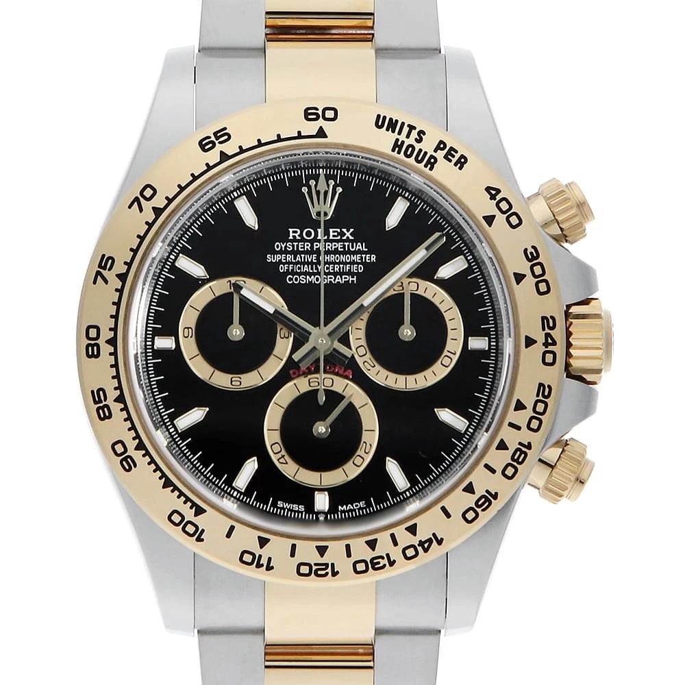 ROLEX COSMOGRAPH DAYTONA BLACK WATCH: ROLEX Cosmograph Daytona black Watch Brand: ROLEX Type: Wrist watch Material: Band Material Stainless Steel/Yellow Gold, Case Material Stainless Steel/Yellow Gold Color: Dial Color Black Size: