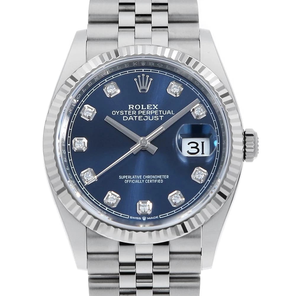 ROLEX DATEJUST 36 10P DIAMOND BLUE 5 ROW JUBILEE BRACELET WATCH: ROLEX Datejust 36 10P diamond blue 5 row jubilee bracelet Watch Brand: ROLEX Type: Wrist watch Material: Band Material Stainless Steel, Case Material Stainless Steel/White gold Color: Dial Color Bl