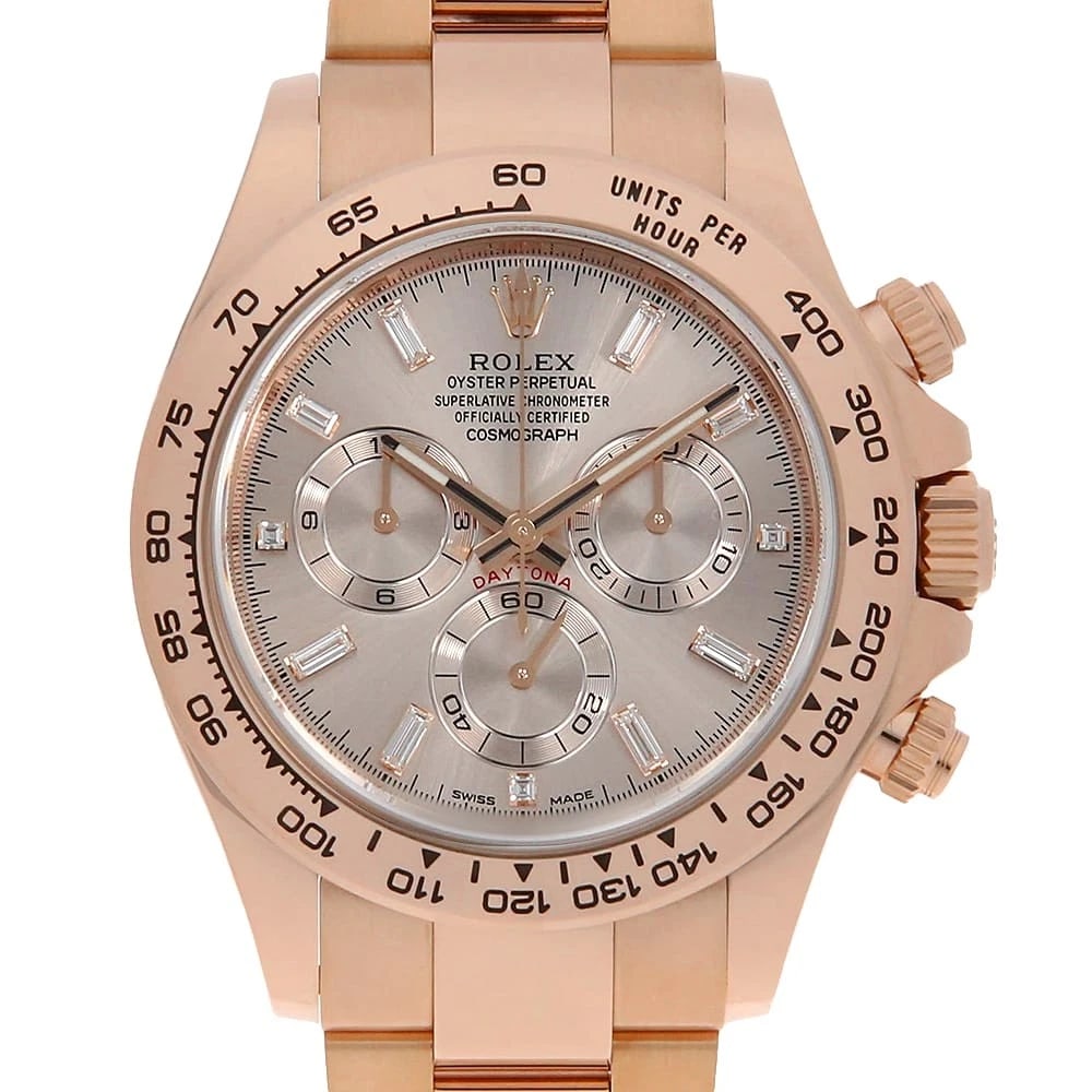 ROLEX COSMOGRAPH DAYTONA 8P BAGUETTE DIAMONDS WATCH: ROLEX Cosmograph Daytona 8P Baguette Diamonds Watch Brand: ROLEX Type: Wrist watch Material: Band Material Everose Gold, Case Material Everose Gold Color: Dial Color Sundust Size: Band Size