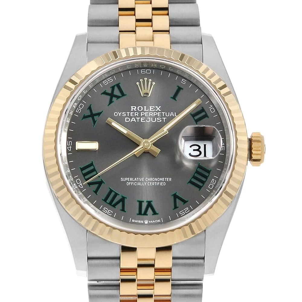 ROLEX DATEJUST 36 SLATE (GREY) GREEN WATCH: ROLEX DATEJUST 36 slate (Grey) Green Watch Brand: ROLEX Type: Wrist watch Material: Band Material Stainless Steel/Yellow Gold, Case Material Stainless Steel/Yellow Gold Color: Dial Color Slate 