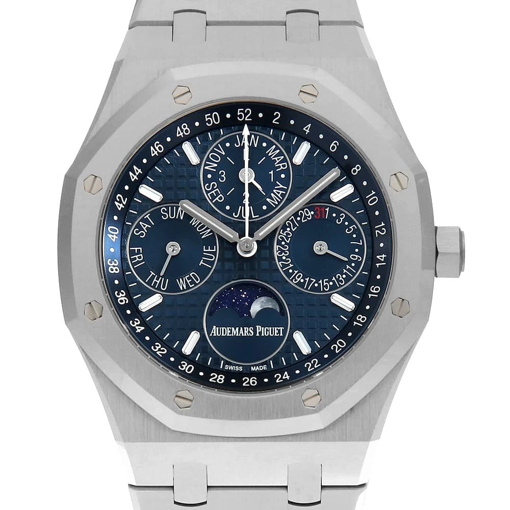 AUDEMARS PIGUET ROYAL OAK PERPETUAL WATCH: AUDEMARS PIGUET Royal Oak Perpetual Watch Brand: AUDEMARS PIGUET Type: Wrist watch Material: Band Material Stainless Steel, Case Material Stainless Steel Color: Dial Color Blue Size: Band Size 19c