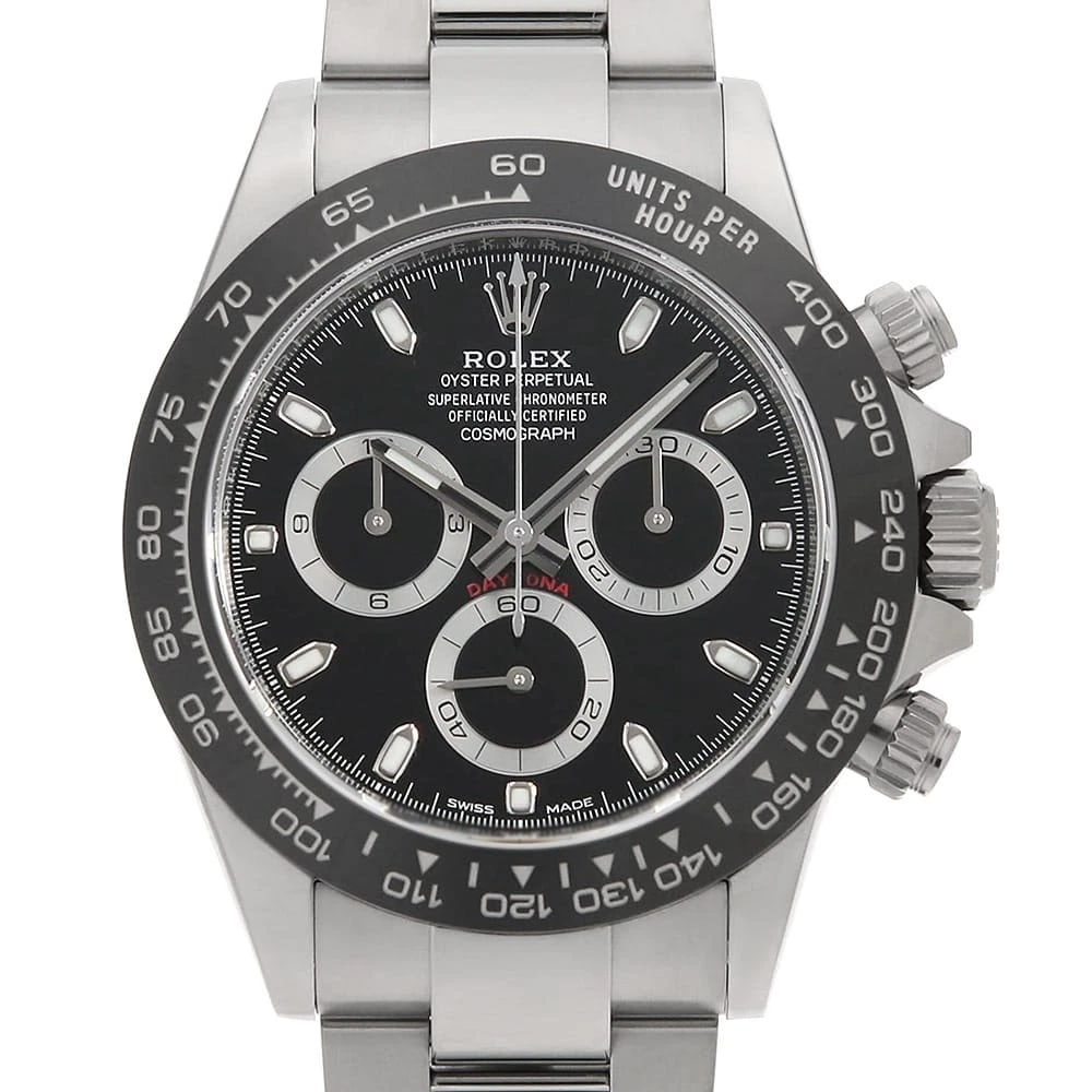 ROLEX COSMOGRAPH DAYTONA BLACK WATCH: ROLEX Cosmograph Daytona black Watch Brand: ROLEX Type: Wrist watch Material: Band Material Stainless Steel, Case Material Stainless Steel Color: Dial Color Black Size: Band Size 19.5cm (7.7inch),