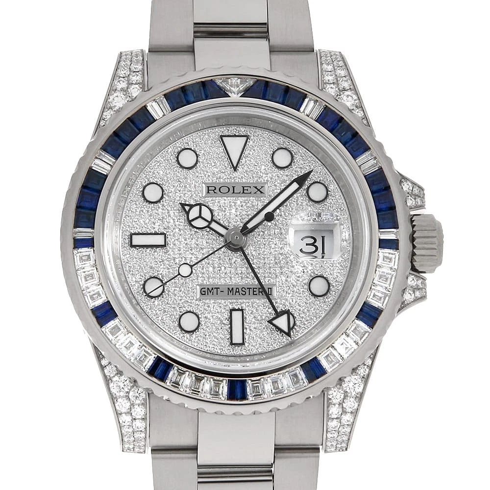 ROLEX GMT MASTER II DIAMOND LUGS AND DIAMOND WATCH: ROLEX GMT Master II Diamond lugs and diamond Watch Brand: ROLEX Type: Wrist watch Material: Band Material White Gold, Case Material White Gold Color: Dial Color Diamonds Size: Band Size 19cm (7.5i