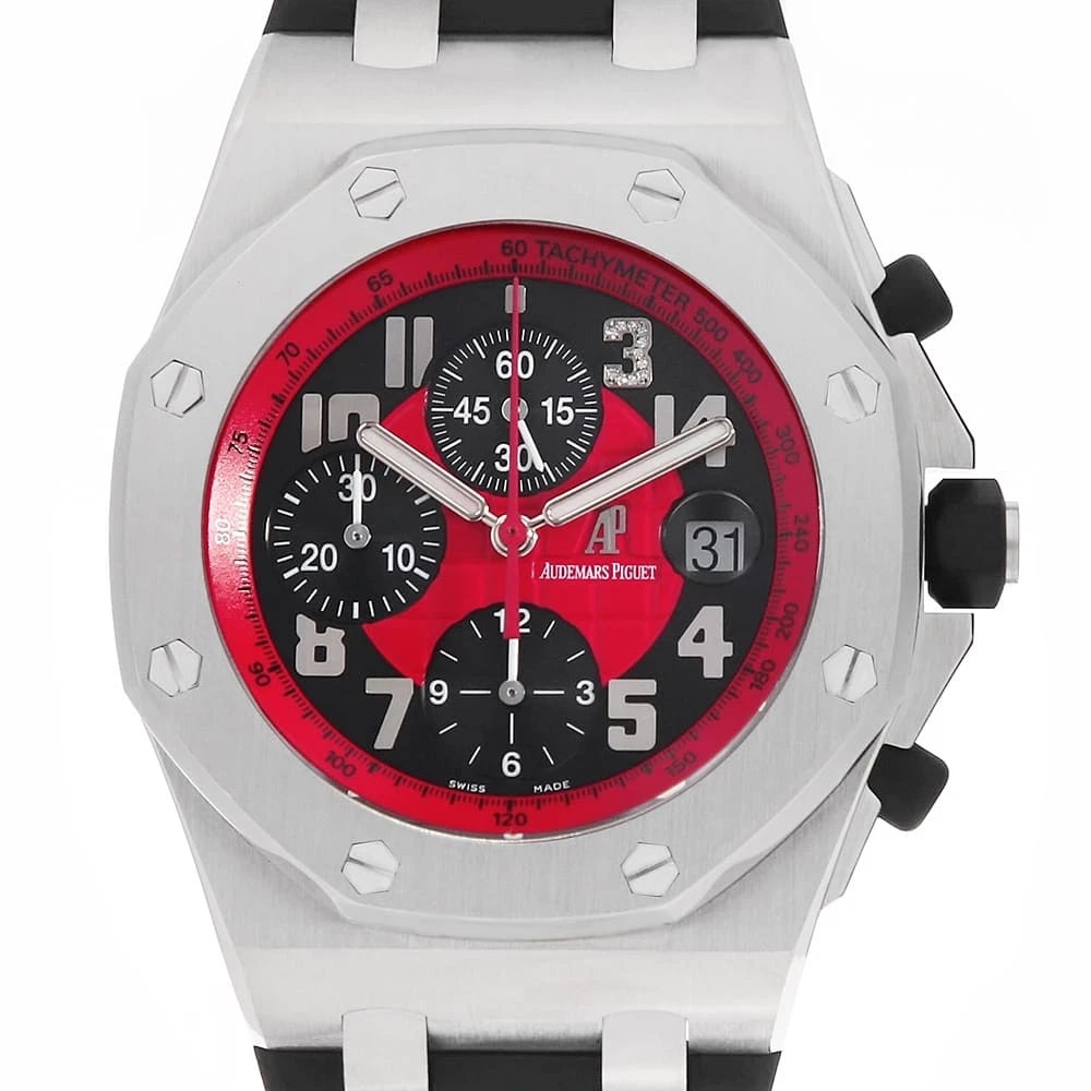 AUDEMARS PIGUET ROYAL OAK OFFSHORE CHRONOGRAPH WATCH: AUDEMARS PIGUET Royal Oak Offshore Chronograph Watch Brand: AUDEMARS PIGUET Type: Wrist watch Material: Band Material rubber, Case Material Stainless Steel Color: Dial Color Black and Red 