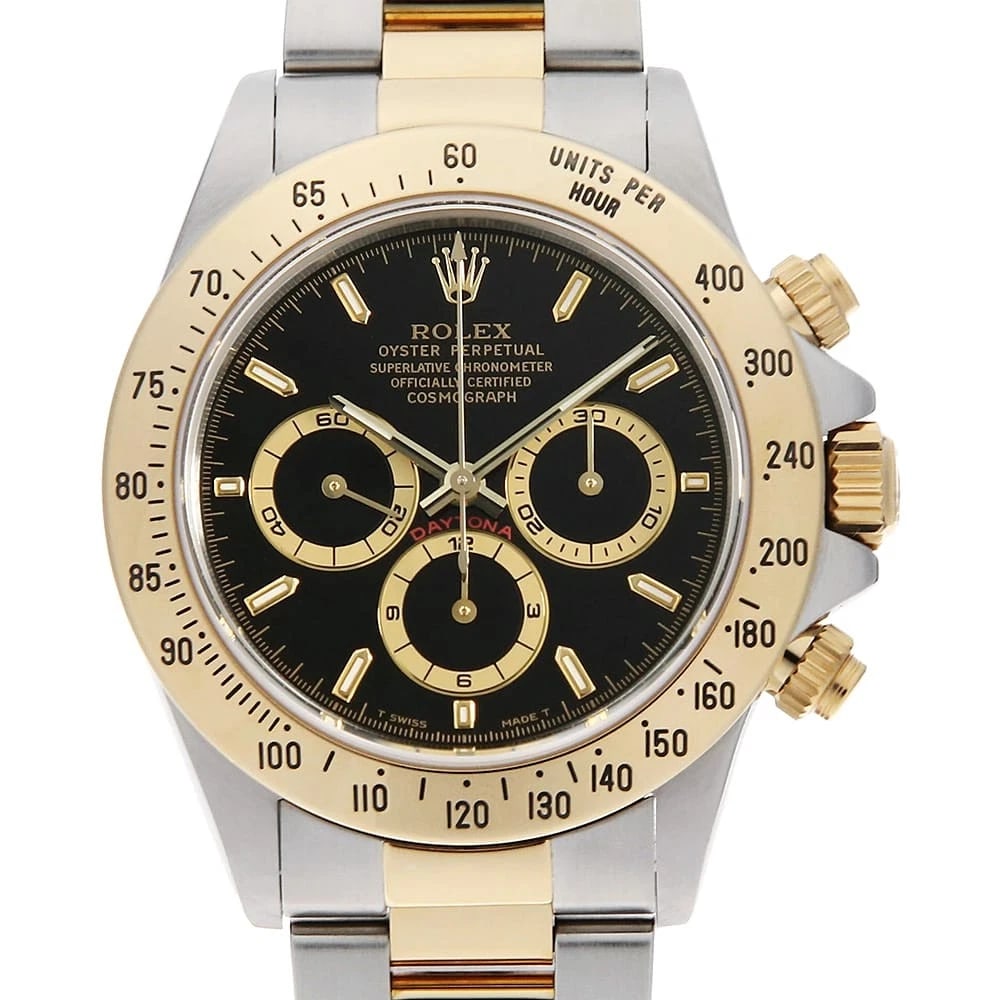 ROLEX COSMOGRAPH DAYTONA BLACK WATCH: ROLEX Cosmograph Daytona black Watch Brand: ROLEX Type: Wrist watch Material: Band Material Stainless Steel/Yellow Gold, Case Material Stainless Steel/Yellow Gold Color: Dial Color Black Size: