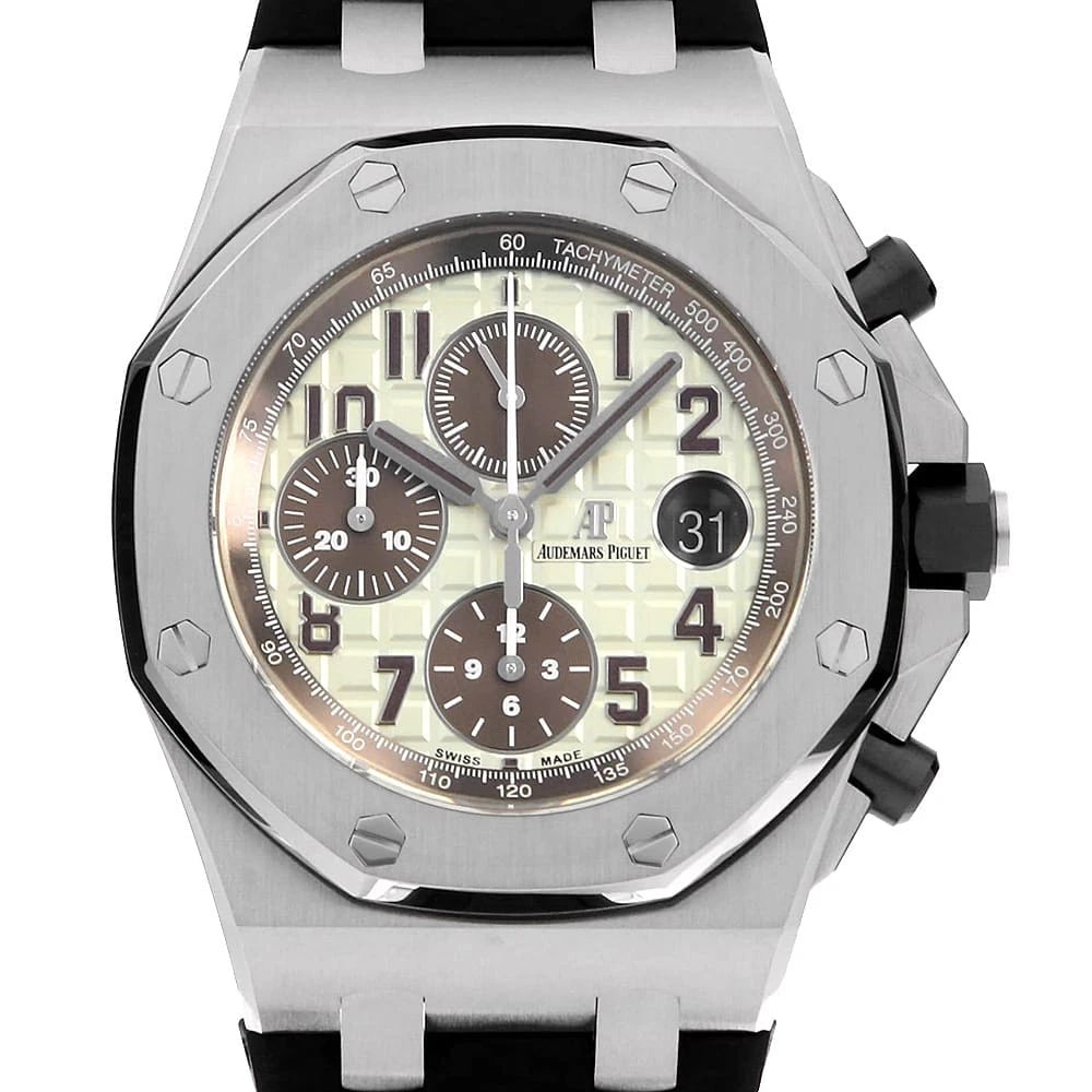 AUDEMARS PIGUET ROYAL OAK OFFSHORE CHRONOGRAPH WATCH: AUDEMARS PIGUET Royal Oak Offshore Chronograph Watch Brand: AUDEMARS PIGUET Type: Wrist watch Material: Band Material rubber, Case Material Stainless Steel Color: Dial Color Ivory Size: Band
