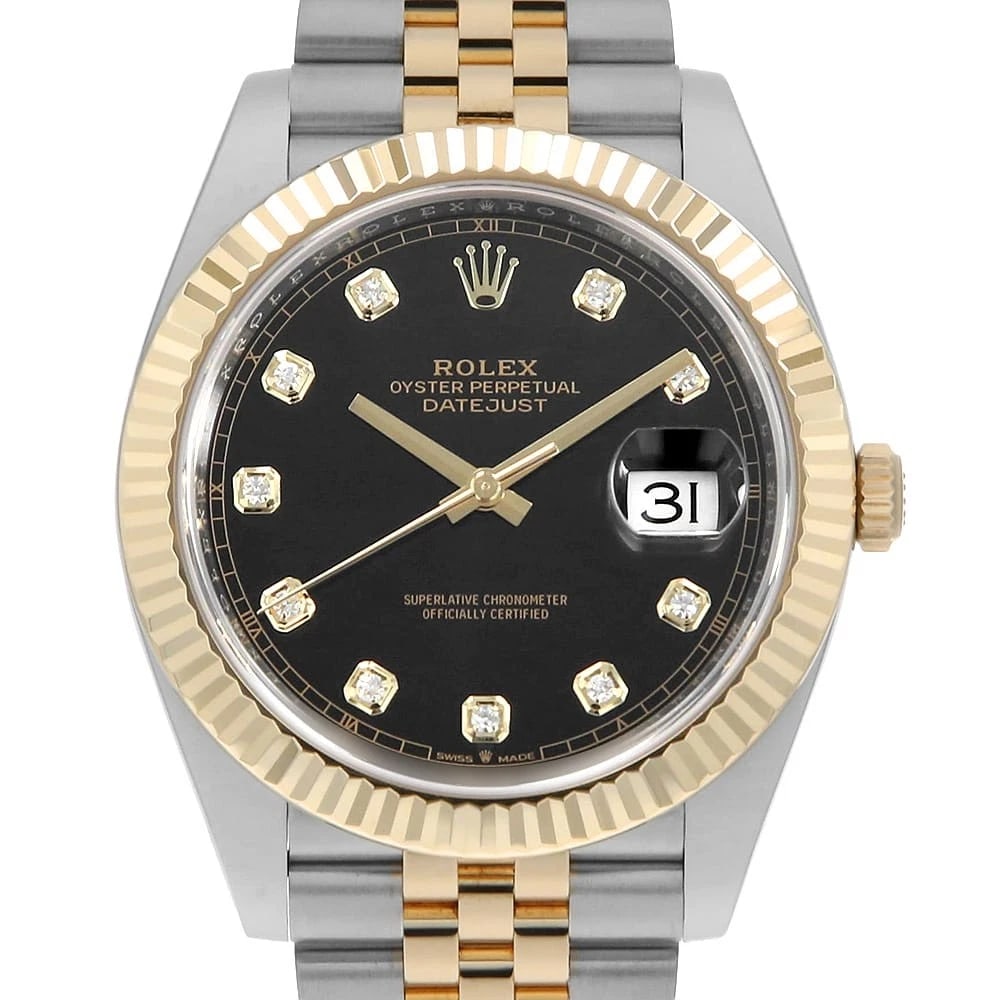 ROLEX DATEJUST 41 10P DIAMOND BLACK WATCH: ROLEX Datejust 41 10P diamond black Watch Brand: ROLEX Type: Wrist watch Material: Band Material Stainless Steel/Yellow Gold, Case Material Stainless Steel/Yellow Gold Color: Dial Color Black 