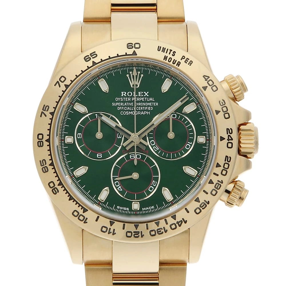 ROLEX COSMOGRAPH DAYTONA GREEN WATCH: ROLEX Cosmograph Daytona green Watch Brand: ROLEX Type: Wrist watch Material: Band Material Yellow Gold, Case Material Yellow Gold Color: Dial Color Green Size: Band Size 19.5cm (7.7inch),