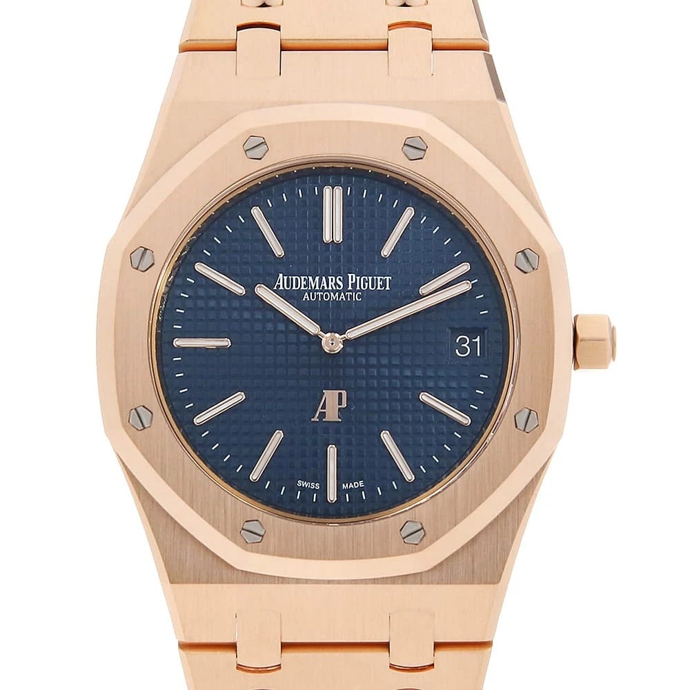 AUDEMARS PIGUET ROYAL OAK JUMBO EXTRA THIN WATCH: AUDEMARS PIGUET Royal Oak Jumbo Extra Thin Watch Brand: AUDEMARS PIGUET Type: Wrist watch Material: Band Material Pink Gold, Case Material Pink Gold Color: Dial Color Blue Size: Band Size 18.5cm (