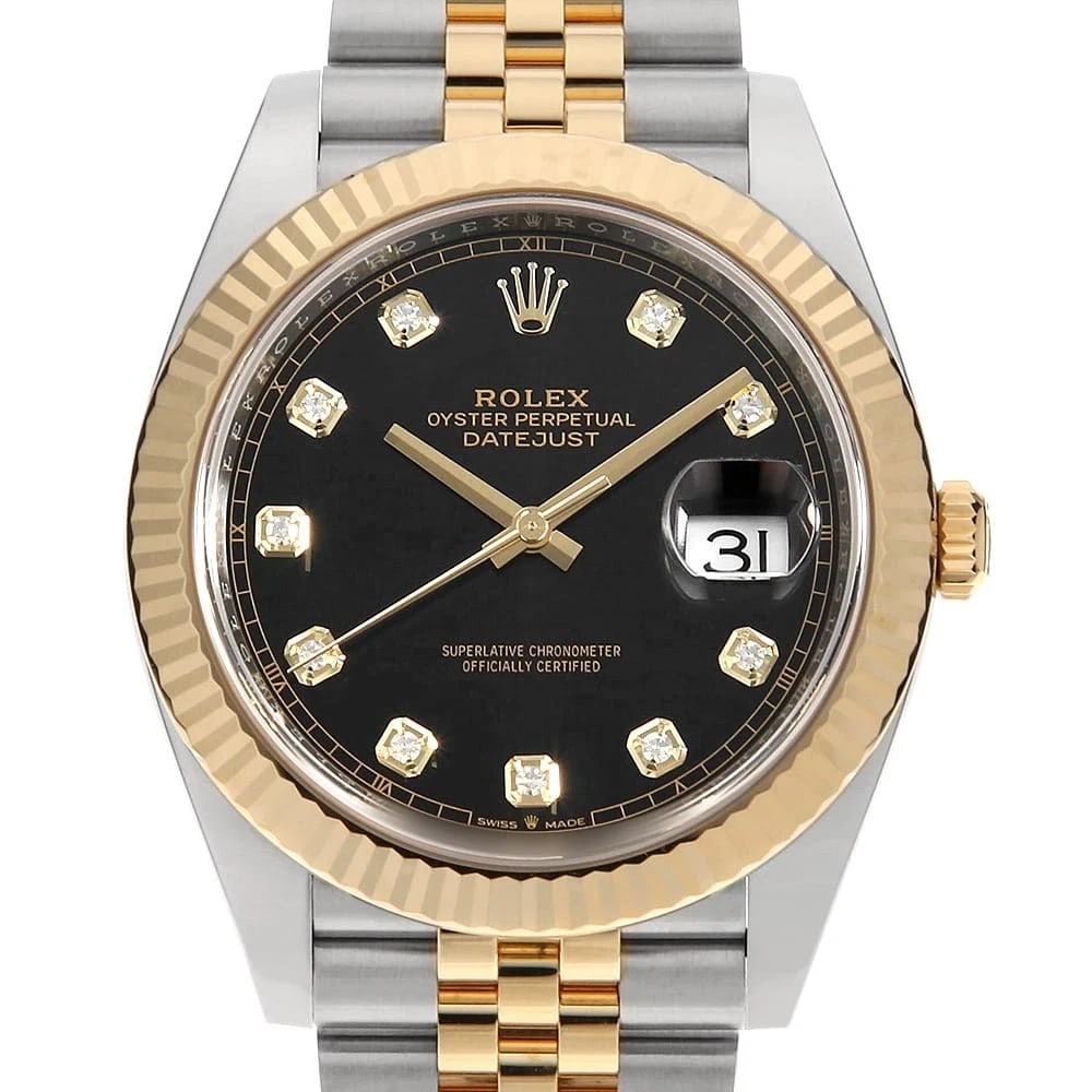 ROLEX DATEJUST 41 10P DIAMOND BLACK WATCH: ROLEX Datejust 41 10P diamond black Watch Brand: ROLEX Type: Wrist watch Material: Band Material Stainless Steel/Yellow Gold, Case Material Stainless Steel/Yellow Gold Color: Dial Color Black Size
